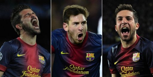 L-R: Barcelona's David Villa, Lionel Messi and Jordi Alba celebrating after scoring at Camp Nou on March 12, 2013 L-R: Barcelona's David Villa, Lionel Messi and Jordi Alba celebrating after scoring at Camp Nou on March 12, 2013