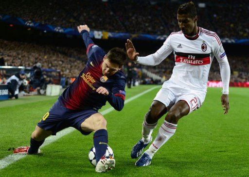 Barcelona's Lionel Messi (L) vies with AC Milan's Kevin Constant at Camp Nou stadium in Barcelona on March 12, 2013 Barcelona's Lionel Messi (L) vies with AC Milan's Kevin Constant at Camp Nou stadium in Barcelona on March 12, 2013