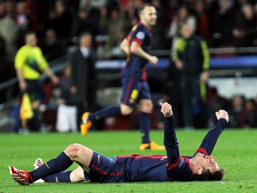 Barcelona's Argentinian forward Lionel Messi celebrates at Camp Nou stadium in Barcelona on March 12, 2013 Barcelona's Argentinian forward Lionel Messi celebrates at Camp Nou stadium in Barcelona on March 12, 2013