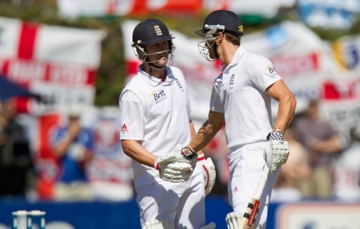 Nick Compton (R) earns a handshake from Jonathan Trott as the pair hit half centuries on March 14, 2013 Nick Compton (R) earns a handshake from Jonathan Trott as the pair hit half centuries on March 14, 2013