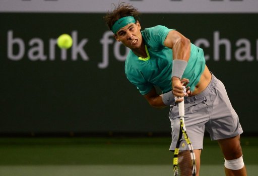 Rafael Nadal serves against Ernests Gulbis at the BNP Paribas Open in Indian Wells on March 13, 2013 Rafael Nadal serves against Ernests Gulbis at the BNP Paribas Open in Indian Wells on March 13, 2013