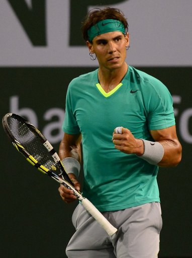 Rafael Nadal gestures after winning a point against Ernests Gulbis at the BNP Paribas Open on March 13, 2013 Rafael Nadal gestures after winning a point against Ernests Gulbis at the BNP Paribas Open on March 13, 2013