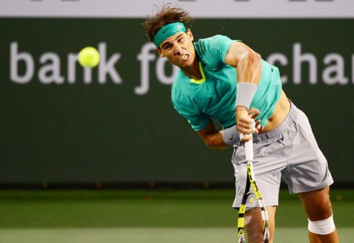 Rafael Nadal serves against Ernests Gulbis at the BNP Paribas Open in Indian Wells on March 13, 2013 Rafael Nadal serves against Ernests Gulbis at the BNP Paribas Open in Indian Wells on March 13, 2013