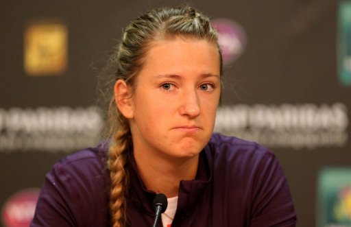 Victoria Azarenka speaks at a press conference after withdrawing on March 14, 2013, in Indian Wells, California Victoria Azarenka speaks at a press conference after withdrawing on March 14, 2013, in Indian Wells, California