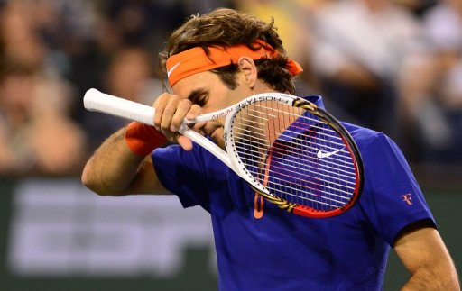 Roger Federer reacts after losing a point against Rafael Nadal on March 14, 2013 in Indian Wells Roger Federer reacts after losing a point against Rafael Nadal on March 14, 2013 in Indian Wells