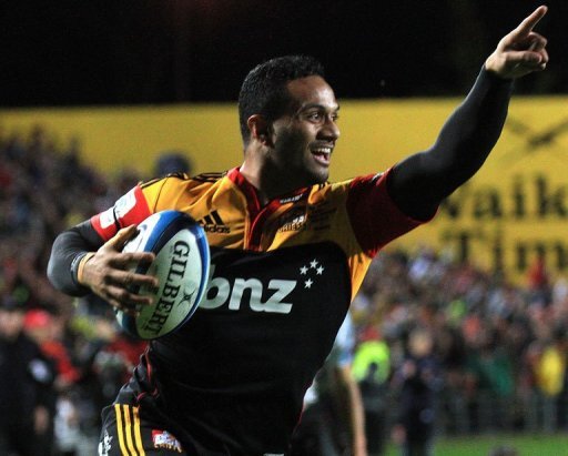 Lelia Masaga (L) of the Waikato Chiefs celebrates as he scores a try in Hamilton on August 4, 2012 Lelia Masaga (L) of the Waikato Chiefs celebrates as he scores a try in Hamilton on August 4, 2012