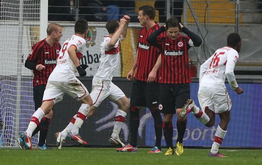 Frankfurt's players react as Stuttgart's Georg Niedermeier (3rd L) celebrates in Frankfurt am Main on March 17, 2013 Frankfurt's players react as Stuttgart's Georg Niedermeier (3rd L) celebrates in Frankfurt am Main on March 17, 2013