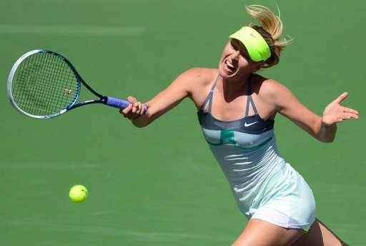 Maria Sharapova hits a return to Caroline Wozniacki on March 17, 2013 at Indian Wells Maria Sharapova hits a return to Caroline Wozniacki on March 17, 2013 at Indian Wells