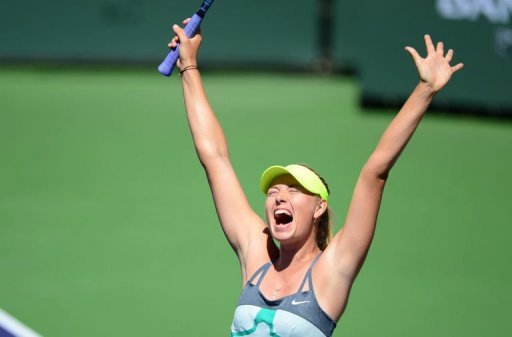 Maria Sharapova celebrates her 6-2, 6-2 victory over Caroline Wozniacki on March 17, 2013 at Indian Wells Maria Sharapova celebrates her 6-2, 6-2 victory over Caroline Wozniacki on March 17, 2013 at Indian Wells