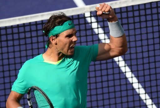 Rafael Nadal wins a point against Juan Martin del Potro at Indian Wells on March 17, 2013 Rafael Nadal wins a point against Juan Martin del Potro at Indian Wells on March 17, 2013
