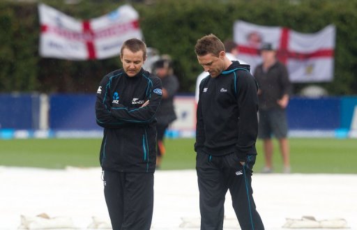 New Zealand's head coach Mike Hesson (L) inspects the pitch with captain Brendon McCullum on March 18, 2013 New Zealand's head coach Mike Hesson (L) inspects the pitch with captain Brendon McCullum on March 18, 2013