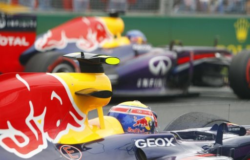 The Red Bulls of Mark Webber (front) and Sebastian Vettel on the grid before the Australian Grand Prix on March 17, 2013 The Red Bulls of Mark Webber (front) and Sebastian Vettel on the grid before the Australian Grand Prix on March 17, 2013