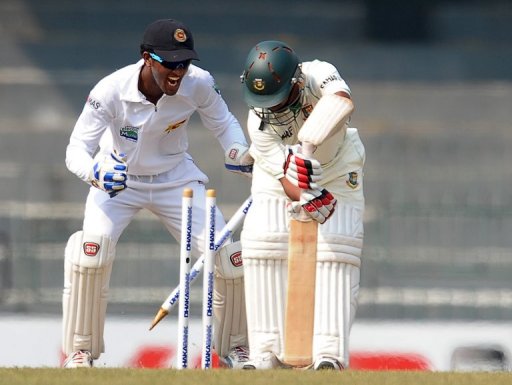 Bangladesh's Mohammad Ashraful (right) is dismissed by Sri Lanka's Rangana Herath (unseen) in Colombo, on March 18, 2013 Bangladesh's Mohammad Ashraful (right) is dismissed by Sri Lanka's Rangana Herath (unseen) in Colombo, on March 18, 2013