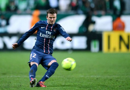 David Beckham kicks the ball on March 17, 2013 at the Geoffroy Guichard stadium in Saint-Etienne David Beckham kicks the ball on March 17, 2013 at the Geoffroy Guichard stadium in Saint-Etienne