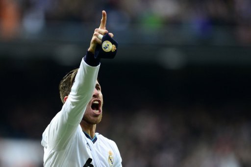 Sergio Ramos celebrates after scoring at the Santiago Bernabeu stadium in Madrid on March 2, 2013 Sergio Ramos celebrates after scoring at the Santiago Bernabeu stadium in Madrid on March 2, 2013