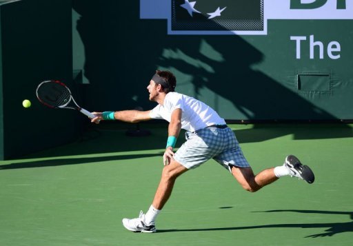 Juan Martin del Potro hits a return to Rafael Nadal of Spain on March 17, 2013 in Indian Wells Juan Martin del Potro hits a return to Rafael Nadal of Spain on March 17, 2013 in Indian Wells