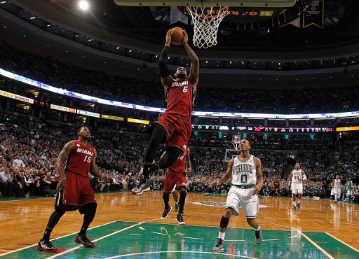 LeBron James of the Miami Heat scores by Avery Bradley of the Boston Celtics in the first quarter on March 18, 2013 LeBron James of the Miami Heat scores by Avery Bradley of the Boston Celtics in the first quarter on March 18, 2013