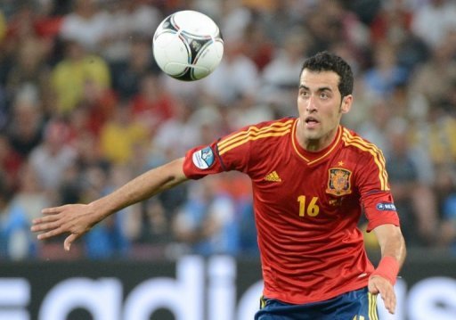 Spanish midfielder Sergio Busquets runs for the ball on June 23, 2012 at the Donbass Arena in Donetsk Spanish midfielder Sergio Busquets runs for the ball on June 23, 2012 at the Donbass Arena in Donetsk