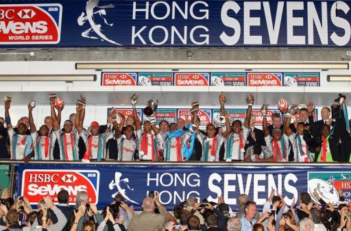 Last year's winners, Fiji, celebrate on the winners podium after beating N.Zealand, in Hong Kong, on March 25, 2012 Last year's winners, Fiji, celebrate on the winners podium after beating N.Zealand, in Hong Kong, on March 25, 2012