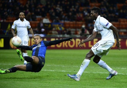 Tottenham Hotspur's Togolese striker Emmanuel Adebayor (R) is shown March 14, 2013 at the San Siro stadium in Milan Tottenham Hotspur's Togolese striker Emmanuel Adebayor (R) is shown March 14, 2013 at the San Siro stadium in Milan