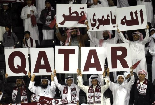Qatar fans at an Olympic qualifying game against Saudi Arabia in Doha on February 22, 2012. Qatar fans at an Olympic qualifying game against Saudi Arabia in Doha on February 22, 2012.