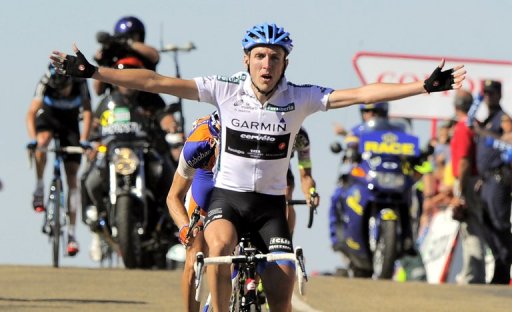 Irish Daniel Martin of the Garmin-Cervelo team celebrates as he crosses the finish line on August 28, 2011 Irish Daniel Martin of the Garmin-Cervelo team celebrates as he crosses the finish line on August 28, 2011