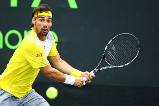 Fabio Fognini of Italy returns a shot against Michael Llodra of France on March 22, 2013 Fabio Fognini of Italy returns a shot against Michael Llodra of France on March 22, 2013