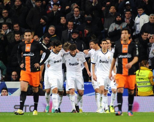 Real Madrid's players celebrate during the Copa del Rey at the Santiago Bernabeu Stadium, Madrid, January 15, 2013 Real Madrid's players celebrate during the Copa del Rey at the Santiago Bernabeu Stadium, Madrid, January 15, 2013