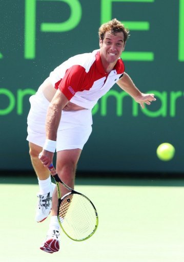Richard Gasquet of France returns a shot to Oliver Rochus of Belguim, March 23, 2013 in Key Biscayne, Florida Richard Gasquet of France returns a shot to Oliver Rochus of Belguim, March 23, 2013 in Key Biscayne, Florida