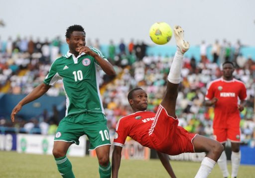 Nigeria's John Mikel Obi (L) goes for the ball against Kenya's Mulinge Ndeto, March 23, 2013 in Calabar Nigeria's John Mikel Obi (L) goes for the ball against Kenya's Mulinge Ndeto, March 23, 2013 in Calabar