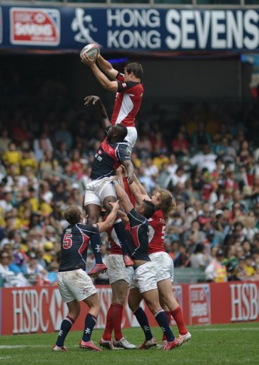 Hong Kong (blue) and Canada (red) compete in a line-out during the Hong Kong Rugby Sevens, on March 23, 2013 Hong Kong (blue) and Canada (red) compete in a line-out during the Hong Kong Rugby Sevens, on March 23, 2013