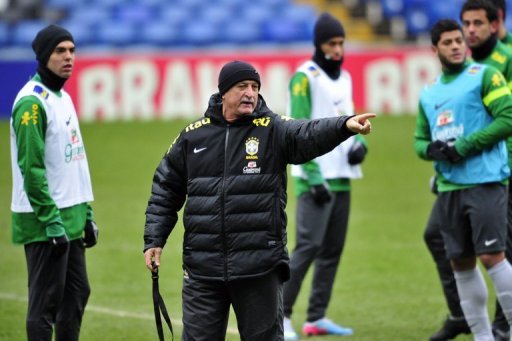 Brazil manager Luiz Felipe Scolari is pictured during their team training session at Stamford Bridge on March 24, 2013 Brazil manager Luiz Felipe Scolari is pictured during their team training session at Stamford Bridge on March 24, 2013