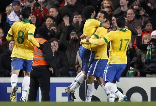 Brazil striker Fred (2R) celebrates scoring the equaliser against Russia at Stamford Bridge on March 25, 2013 Brazil striker Fred (2R) celebrates scoring the equaliser against Russia at Stamford Bridge on March 25, 2013