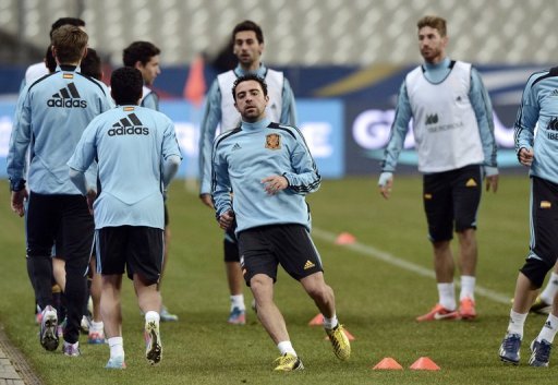 Spain train on March 25, 2013, the eve of their World Cup qualifier away at France Spain train on March 25, 2013, the eve of their World Cup qualifier away at France