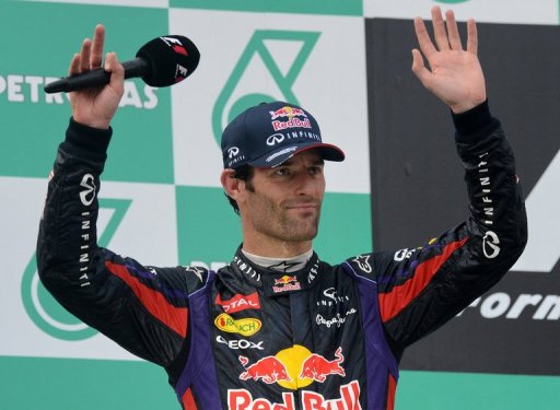 Mark Webber on the podium after finishing second at the Malaysia Grand Prix in Sepang on March 24, 2013 Mark Webber on the podium after finishing second at the Malaysia Grand Prix in Sepang on March 24, 2013