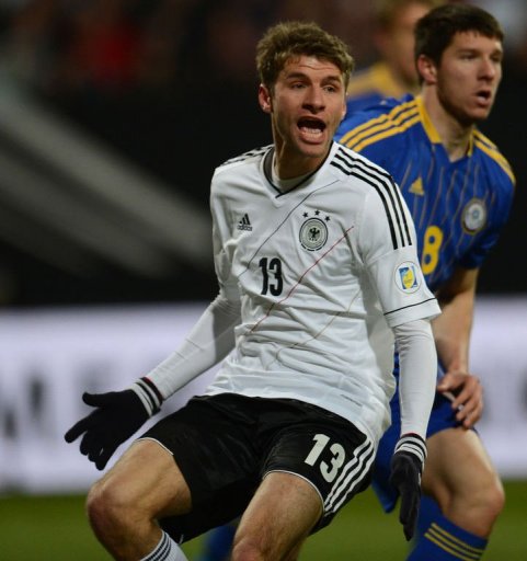 German midfielder Thomas Mueller reacts in Nuremberg, on March 26, 2013. Germany won 4-1 German midfielder Thomas Mueller reacts in Nuremberg, on March 26, 2013. Germany won 4-1
