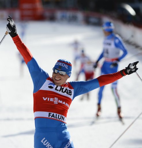 Russian cross-country skier Alexander Legkov reacts after crossing the finish line in Falun, Sweden, on March 24, 2013 Russian cross-country skier Alexander Legkov reacts after crossing the finish line in Falun, Sweden, on March 24, 2013