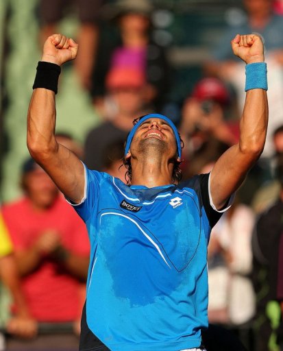 David Ferrer celebrates beating Jurgen Melzer at the Miami Masters on March 27, 2013 David Ferrer celebrates beating Jurgen Melzer at the Miami Masters on March 27, 2013