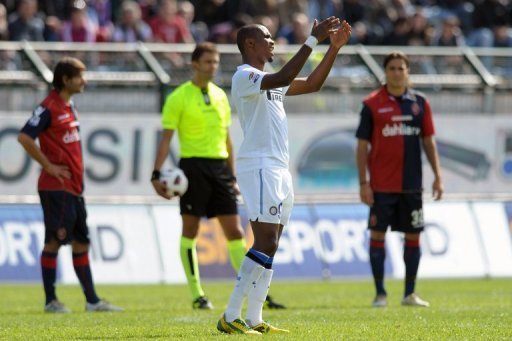 Inter Milan's then forward Samuel Eto' (C) shows his anger as Cagliari supporters shout racist chants, October 17, 2010 Inter Milan's then forward Samuel Eto' (C) shows his anger as Cagliari supporters shout racist chants, October 17, 2010