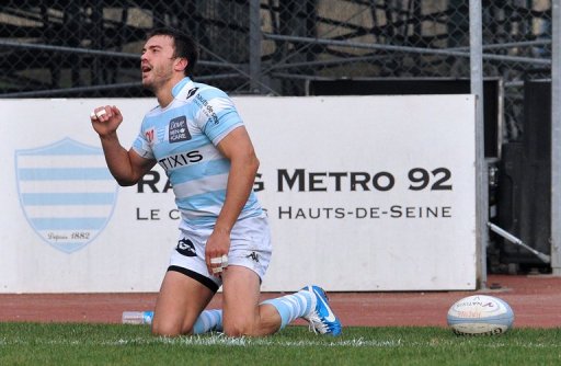 Racing Metro's fullback Juan-Martin Hernandez celebrates scoring a try against Perpignan, in Colombes, on March 23, 2013 Racing Metro's fullback Juan-Martin Hernandez celebrates scoring a try against Perpignan, in Colombes, on March 23, 2013