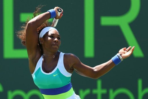Serena Williams returns a shot to Maria Sharapova in the Miami Masters on March 30, 2013 Serena Williams returns a shot to Maria Sharapova in the Miami Masters on March 30, 2013