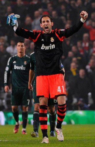 Real Madrid goalkeeper Diego Lopez celebrates victory over Manchester United on March 5, 2013 Real Madrid goalkeeper Diego Lopez celebrates victory over Manchester United on March 5, 2013