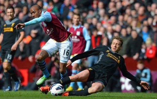 Aston Villa'sFabian Delph (left) vies with Liverpool's Lucas Leiva at Villa Park in Birmingham on March 31, 2013 Aston Villa'sFabian Delph (left) vies with Liverpool's Lucas Leiva at Villa Park in Birmingham on March 31, 2013