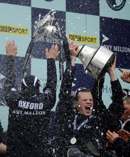 Geordie Macleod (R) of Oxford University celebrates after his team wins the annual boat race, London, March 31, 2013 Geordie Macleod (R) of Oxford University celebrates after his team wins the annual boat race, London, March 31, 2013