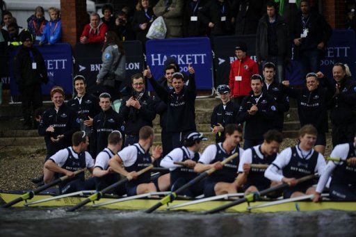 The Oxford University boat crew celebrate after beating Cambridge during the annual boat race, London, March 31, 2013 The Oxford University boat crew celebrate after beating Cambridge during the annual boat race, London, March 31, 2013