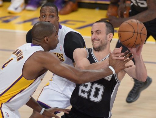 Manu Ginobili (R) of the San Antonio Spurs in action against the Los Angeles Lakers on April 28, 2013 Manu Ginobili (R) of the San Antonio Spurs in action against the Los Angeles Lakers on April 28, 2013