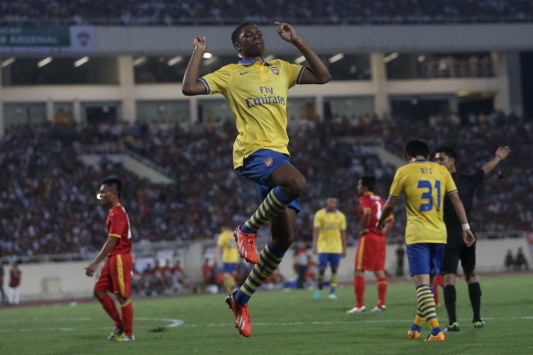 Chuba Akpom #32 of Arsenal celebrates after scoring a goal against Vietnam during their friendly at My Dinh National Stadium on July 17, 2013 in Hanoi, Vietnam. (Getty Images)